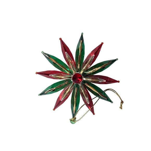 Vintage MCM 3D Red Clear Green Gold Plastic Flower Christmas Ornament 3.5" - Picture 5 of 5
